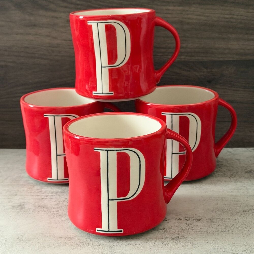 Anthropologie Set of Four Red "P" Monogram Hand Painted Ceramic Mugs 14oz. 3.75"